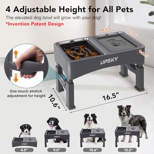 UPSKY 2-in-1 Elevated Dog Bowls Slow Feeder, 4 Height Adjustable Raised Dog Bowl Stand No Spill Dog Water Bowl Dispenser, Anti-Slip Dog Food and Water Bowl for Small Medium Dog