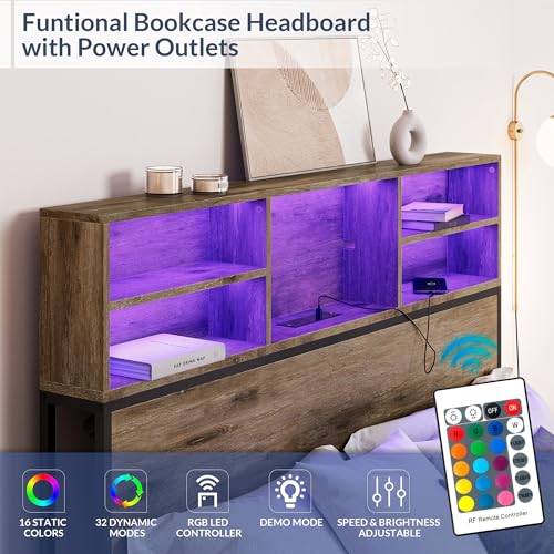 BELLEZE Full Size Bed Frame with 4 Drawers and Storage Bookcase Headboard, Platform Bed Frame with Fast Charging Station, RGB LED Light, No Box Spring Needed Noise Free - Riviera(Brown)