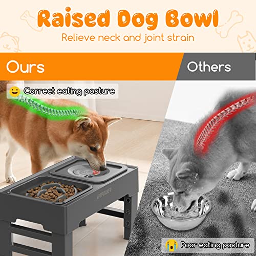 URPOWER 2-in-1 Elevated Slow Feeder Dog Bowls with No Spill Dog Water Bowl 4 Height Adjustable Raised Dog Bowl Non-Slip Dog Food and Water Bowls with Stand for Small Medium Large Dogs, Cats and Pets