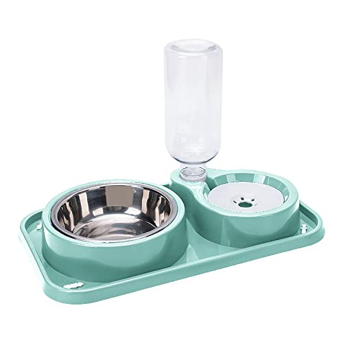 Double Dog Cat Bowls, 2 in1 Pet Water and Food Bowl Set with Automatic Gravity Water Dispenser Bottle Detachable Stainless Steel Bowl No-Spill for Cats and Dogs Puppy Kitten Rabbit