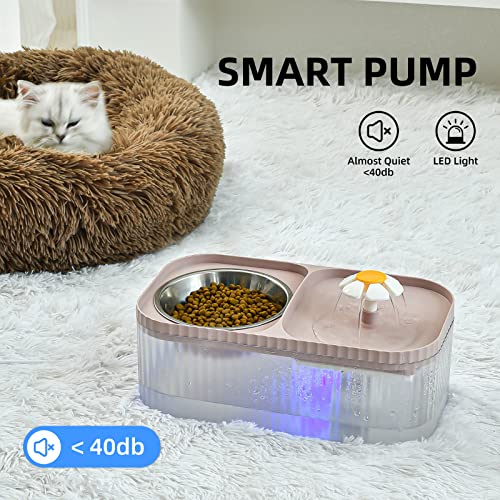 JEERAMIA Cat Water Fountain and Food Bowl, 3L/101oz Ultra Quiet Pet Water Dispenser with LED Light Smart Pump and 3 Replacement Filters, Automatic Flower Fountain & Stainless Steel Bowl for Dog (Pink)