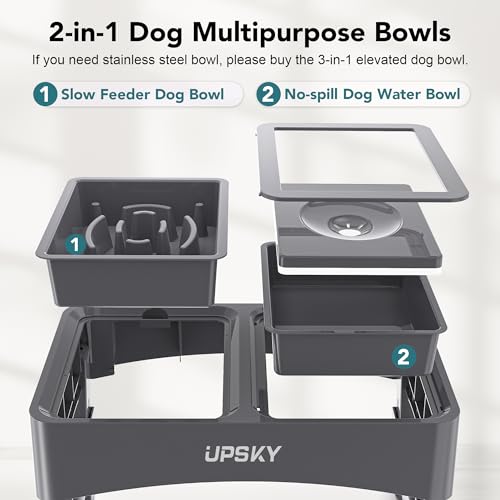 UPSKY 2-in-1 Elevated Dog Bowls Slow Feeder, 4 Height Adjustable Raised Dog Bowl Stand No Spill Dog Water Bowl Dispenser, Anti-Slip Dog Food and Water Bowl for Small Medium Dog