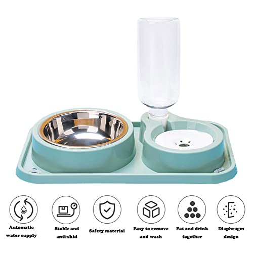 Double Dog Cat Bowls, 2 in1 Pet Water and Food Bowl Set with Automatic Gravity Water Dispenser Bottle Detachable Stainless Steel Bowl No-Spill for Cats and Dogs Puppy Kitten Rabbit