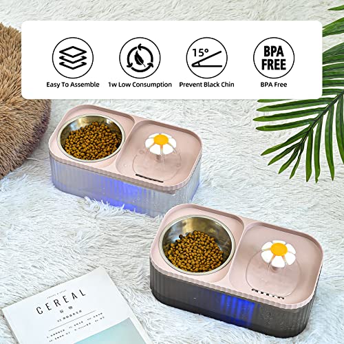 JEERAMIA Cat Water Fountain and Food Bowl, 3L/101oz Ultra Quiet Pet Water Dispenser with LED Light Smart Pump and 3 Replacement Filters, Automatic Flower Fountain & Stainless Steel Bowl for Dog (Pink)