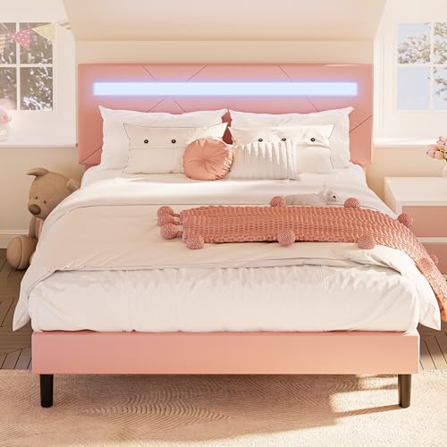 LIKIMIO Full Bed Frame with LED Lights(Smart APP Control), Upholstered Modern Platform Bed Frame, No Box Spring Needed/Noise-Free/Easy Assembly, Pink