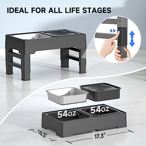 ELS PET Elevated Dog Bowls, Adjustable Raised Dog Bowls with No Spill Dog Water Bowl and Stainless Steel/Slow Feeder Dog Bowl, Dog Bowl Stand for Small Medium Large Dogs,Cats & Pets (Stainless Steel)