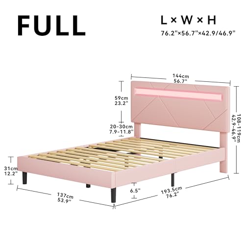 LIKIMIO Full Bed Frame with LED Lights(Smart APP Control), Upholstered Modern Platform Bed Frame, No Box Spring Needed/Noise-Free/Easy Assembly, Pink