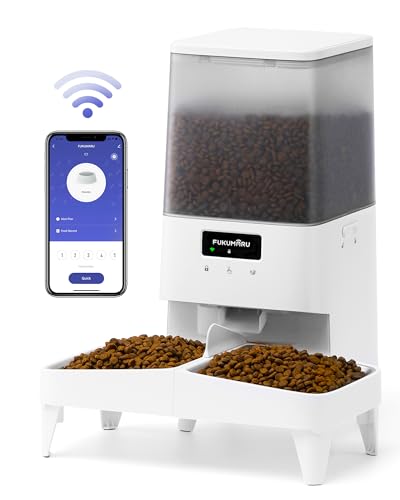 FUKUMARU Automatic Cat Feeder, WiFi Automatic Dog Feeder with Freshness Preservation, 5L Timed Cat Food Dispenser with Elevated Bowls, Up to 10 Meals Per Day, Granary Pet Feeder for Cats/Dogs