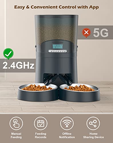 HoneyGuaridan Automatic Cat Feeders 2 Cats, 2.4G WiFi Smart Pet Feeder with APP Control for Cats and Dogs Dry Food Dispenser with 2 Stainless Steel Bowl, Desiccant Bag, 10s Voice Recorder (6.5L, Blue)