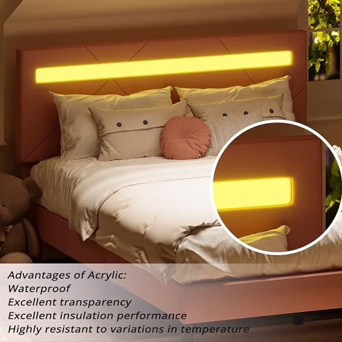 LIKIMIO Full Bed Frame with LED Lights(Smart APP Control), Upholstered Modern Platform Bed Frame, No Box Spring Needed/Noise-Free/Easy Assembly, Pink