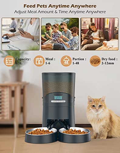 HoneyGuaridan Automatic Cat Feeders 2 Cats, 2.4G WiFi Smart Pet Feeder with APP Control for Cats and Dogs Dry Food Dispenser with 2 Stainless Steel Bowl, Desiccant Bag, 10s Voice Recorder (6.5L, Blue)