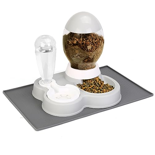 YECERCAN Gravity Feeder Cat Dry Food and Water Set, 2 in 1 Automatic Cat Feeder and Water Dispenser with Waterproof Mat,Pet Food/Water Bowls for Small to Medium Pups, Kittens,Rabbits...