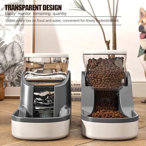 kathson Automatic Dog Feeders Gravity Cat Water and Food Dispenser Set Large Capacity Self Feeding Pet Feeder and Waterer for Puppy Kitten Rabbit Bunny Grey