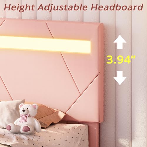 LIKIMIO Full Bed Frame with LED Lights(Smart APP Control), Upholstered Modern Platform Bed Frame, No Box Spring Needed/Noise-Free/Easy Assembly, Pink