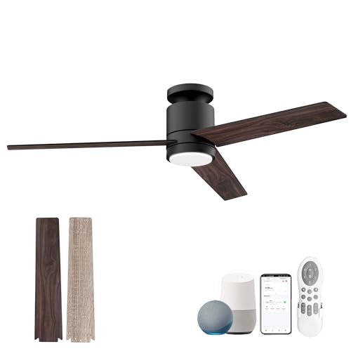Lorpies 52” Smart Flush Mount Ceiling Fans with Lights Remote,Quiet DC Motor,Outdoor Indoor Low Profile Ceiling Fan,Voice Control via WIFI Alexa App,Modern Black& Walnut Dimmable Fan for Bedroom Patio