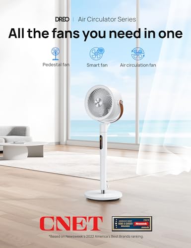 Dreo Pedestal Fan with Remote, PolyFan 513S, 43'' Quiet Standing Fan for Home Bedroom, 120°+105° Smart Oscillating Floor Fans with Wi-Fi/Voice Control, Compatible with Alexa/Google, 6 Modes, 8 Speeds