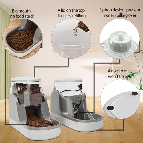 kathson Automatic Dog Feeders Gravity Cat Water and Food Dispenser Set Large Capacity Self Feeding Pet Feeder and Waterer for Puppy Kitten Rabbit Bunny Grey