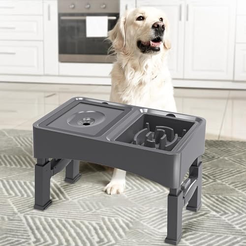 UPSKY 2-in-1 Elevated Dog Bowls Slow Feeder, 4 Height Adjustable Raised Dog Bowl Stand No Spill Dog Water Bowl Dispenser, Anti-Slip Dog Food and Water Bowl for Small Medium Dog