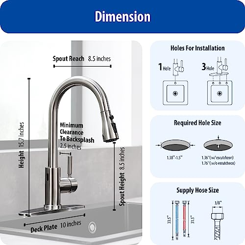 WEWE Touchless Kitchen Faucet with Pull Down Sprayer - Single Handle Kitchen Faucets Smart Motion Sensor Stainless Steel Brushed Nickel Sink Faucet