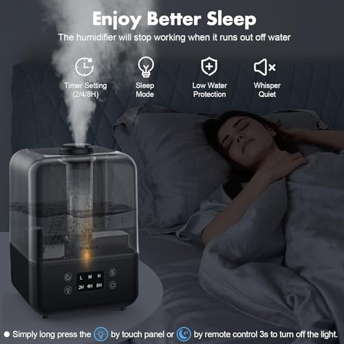 Humidifiers for Bedroom, Cool Mist Humidifiers for Large Room Home Baby, 5L Top Fill Ultrasonic Air Humidifier Quiet for Plants with Remote Control, Essential Oil Diffuser, Rotatable Nozzle - Black