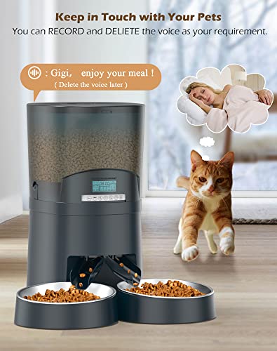 HoneyGuaridan Automatic Cat Feeders 2 Cats, 2.4G WiFi Smart Pet Feeder with APP Control for Cats and Dogs Dry Food Dispenser with 2 Stainless Steel Bowl, Desiccant Bag, 10s Voice Recorder (6.5L, Blue)