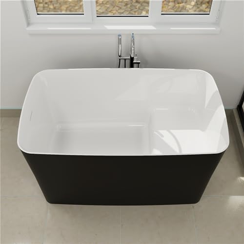 Mokleba 47" Lucite Acrylic Freestanding Bathtub，Square Shape Janpanese Soaking Tub with Seat Desgin,Toe-tap Chrome Right Drain, Slotted Overflow, cUPC Certified,Matte Black