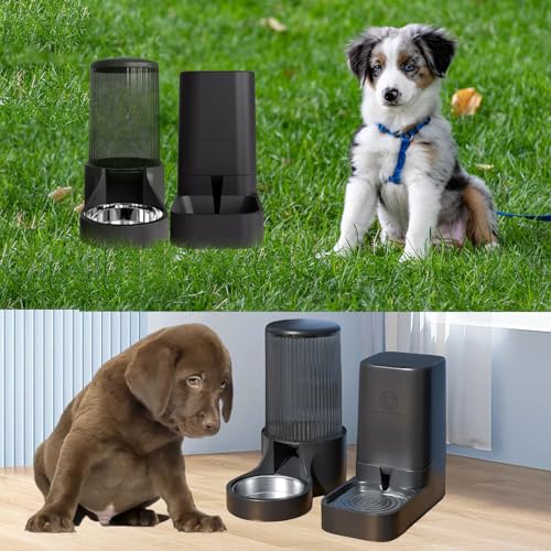 Hamiledyi Automatic Dogs Feeder and Water Dispenser Cats Gravity Food Feeder and Waterer Set with Food Bowl for Pets Puppy Kitten Rabbit(3.8L)