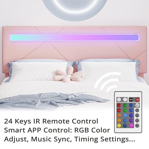 LIKIMIO Full Bed Frame with LED Lights(Smart APP Control), Upholstered Modern Platform Bed Frame, No Box Spring Needed/Noise-Free/Easy Assembly, Pink