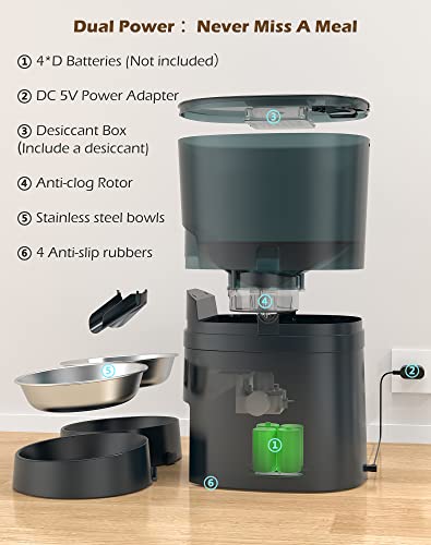 HoneyGuaridan Automatic Cat Feeders 2 Cats, 2.4G WiFi Smart Pet Feeder with APP Control for Cats and Dogs Dry Food Dispenser with 2 Stainless Steel Bowl, Desiccant Bag, 10s Voice Recorder (6.5L, Blue)