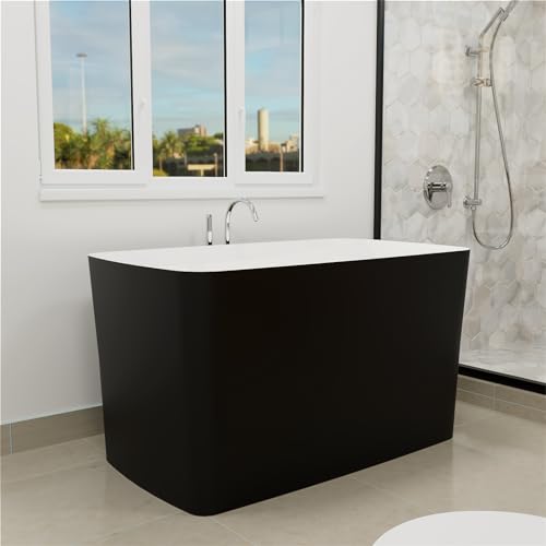 Mokleba 47" Lucite Acrylic Freestanding Bathtub，Square Shape Janpanese Soaking Tub with Seat Desgin,Toe-tap Chrome Right Drain, Slotted Overflow, cUPC Certified,Matte Black