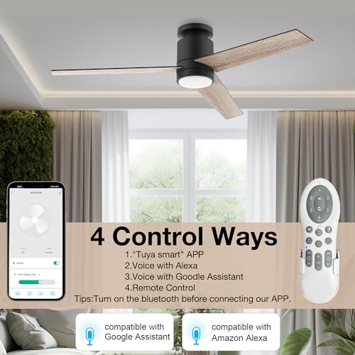 Lorpies 52” Smart Flush Mount Ceiling Fans with Lights Remote,Quiet DC Motor,Outdoor Indoor Low Profile Ceiling Fan,Voice Control via WIFI Alexa App,Modern Black& Walnut Dimmable Fan for Bedroom Patio