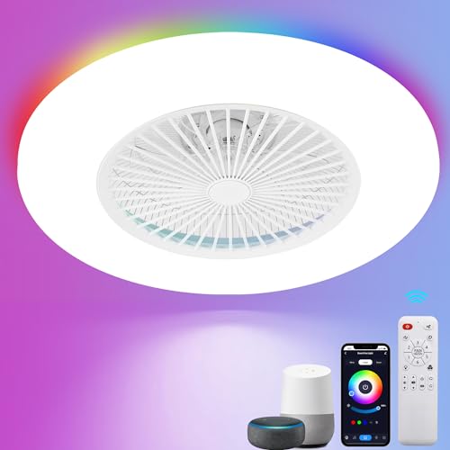 KAMLAM 24" Low Profile Ceiling Fans with Lights, Smart RGB Ceiling Fans Remote with Alexa/Google Assistant/APP Control, Bladeless Flush Mount Ceiling Fan Dimmable Color Changing LED Ambient Bedroom