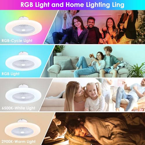 KAMLAM 24" Low Profile Ceiling Fans with Lights, Smart RGB Ceiling Fans Remote with Alexa/Google Assistant/APP Control, Bladeless Flush Mount Ceiling Fan Dimmable Color Changing LED Ambient Bedroom