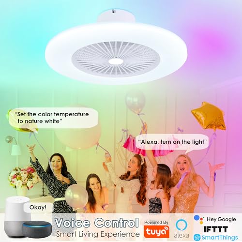 KAMLAM 24" Low Profile Ceiling Fans with Lights, Smart RGB Ceiling Fans Remote with Alexa/Google Assistant/APP Control, Bladeless Flush Mount Ceiling Fan Dimmable Color Changing LED Ambient Bedroom