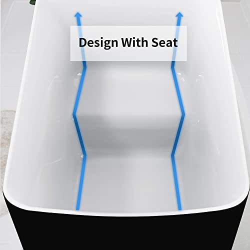 Mokleba 47" Lucite Acrylic Freestanding Bathtub，Square Shape Janpanese Soaking Tub with Seat Desgin,Toe-tap Chrome Right Drain, Slotted Overflow, cUPC Certified,Matte Black