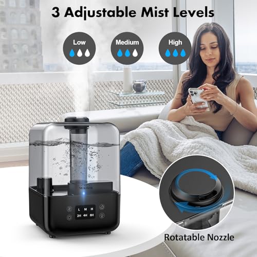 Humidifiers for Bedroom, Cool Mist Humidifiers for Large Room Home Baby, 5L Top Fill Ultrasonic Air Humidifier Quiet for Plants with Remote Control, Essential Oil Diffuser, Rotatable Nozzle - Black