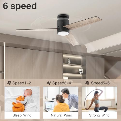 Lorpies 52” Smart Flush Mount Ceiling Fans with Lights Remote,Quiet DC Motor,Outdoor Indoor Low Profile Ceiling Fan,Voice Control via WIFI Alexa App,Modern Black& Walnut Dimmable Fan for Bedroom Patio