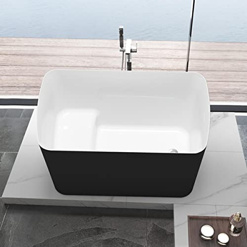 Mokleba 47" Lucite Acrylic Freestanding Bathtub，Square Shape Janpanese Soaking Tub with Seat Desgin,Toe-tap Chrome Right Drain, Slotted Overflow, cUPC Certified,Matte Black