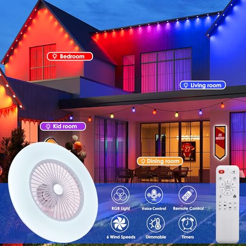 KAMLAM 24" Low Profile Ceiling Fans with Lights, Smart RGB Ceiling Fans Remote with Alexa/Google Assistant/APP Control, Bladeless Flush Mount Ceiling Fan Dimmable Color Changing LED Ambient Bedroom