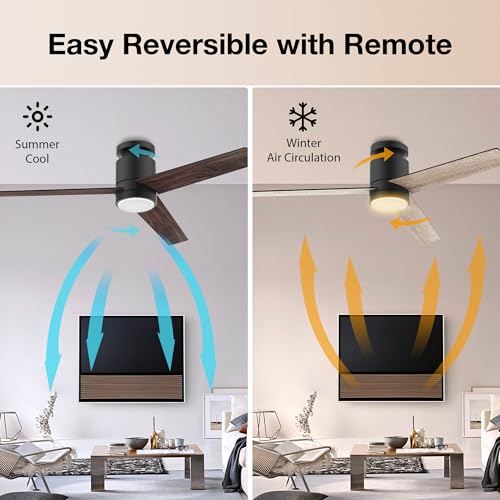 Lorpies 52” Smart Flush Mount Ceiling Fans with Lights Remote,Quiet DC Motor,Outdoor Indoor Low Profile Ceiling Fan,Voice Control via WIFI Alexa App,Modern Black& Walnut Dimmable Fan for Bedroom Patio