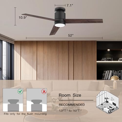 Lorpies 52” Smart Flush Mount Ceiling Fans with Lights Remote,Quiet DC Motor,Outdoor Indoor Low Profile Ceiling Fan,Voice Control via WIFI Alexa App,Modern Black& Walnut Dimmable Fan for Bedroom Patio