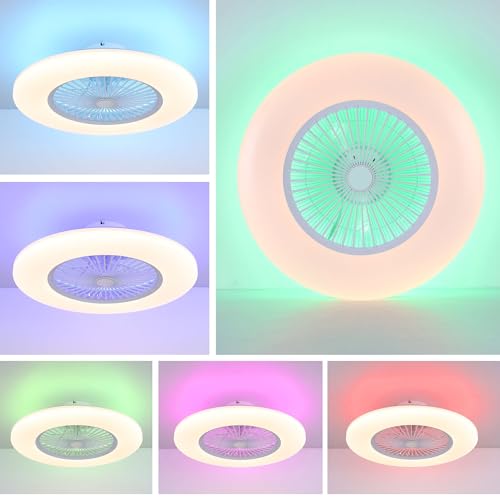 KAMLAM 24" Low Profile Ceiling Fans with Lights, Smart RGB Ceiling Fans Remote with Alexa/Google Assistant/APP Control, Bladeless Flush Mount Ceiling Fan Dimmable Color Changing LED Ambient Bedroom