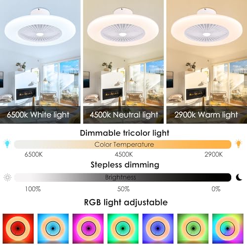 KAMLAM 24" Low Profile Ceiling Fans with Lights, Smart RGB Ceiling Fans Remote with Alexa/Google Assistant/APP Control, Bladeless Flush Mount Ceiling Fan Dimmable Color Changing LED Ambient Bedroom
