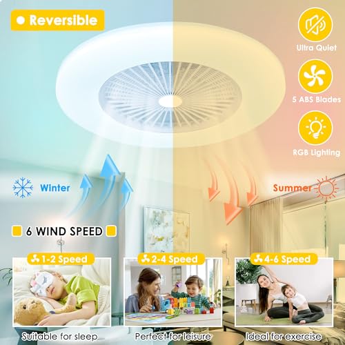 KAMLAM 24" Low Profile Ceiling Fans with Lights, Smart RGB Ceiling Fans Remote with Alexa/Google Assistant/APP Control, Bladeless Flush Mount Ceiling Fan Dimmable Color Changing LED Ambient Bedroom