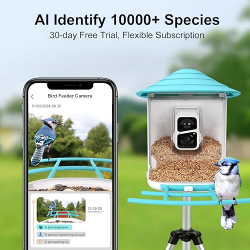 birdsnap® TUC- Smart Bird Feeder with Camera+Solar Panel SD Card 4-in-1 Perch, 160°View 1080P Auto Detect & Notify, AI Identify 10000+ Bird Watching Camera Wireless Outdoor for Bird Lover, Blue