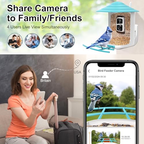 birdsnap® TUC- Smart Bird Feeder with Camera+Solar Panel SD Card 4-in-1 Perch, 160°View 1080P Auto Detect & Notify, AI Identify 10000+ Bird Watching Camera Wireless Outdoor for Bird Lover, Blue