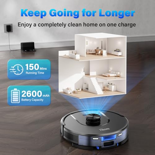 Tikom Robot Vacuum and Mop, L8000 Laser LiDAR Navigation Robotic Vacuum, 3000Pa Suction, 150Mins Max, 45dB, 14 No-Go Zones, 20 Virtual Walls, Self-Charging, Good for Pet Hair, Carpet, Hard Floor