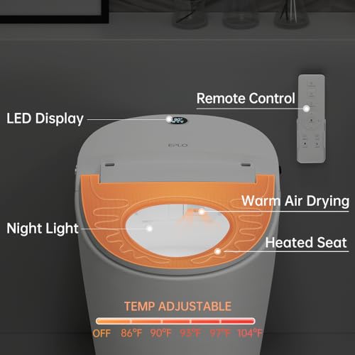EPLO Smart Toilet,One Piece Bidet Toilet for Bathrooms,Modern Elongated Toilet with Warm Water,Dual Auto Flush,Foot Sensor Operation,Heated Bidet Seat,Electric Tankless Toilets with LED Display E16
