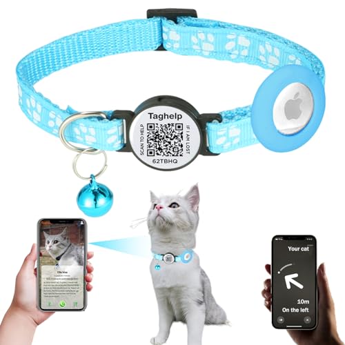 Kitten Collars with Bell,Cat Collar Breakaway with QR Code Name Tag, Cat ID Tag Personalized, Ultra-Durable, Adjustable, Quick Release, Fits Most Cats (Blue Cute paw Print, Collar with airtag Holder)