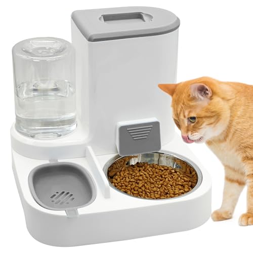 Fhiny Gravity Cat Feeder and Water Dispenser, 2 in 1 Automatic Pet Waterer Detachable Stainless Steel Food Bowls Set Pet Food Storage for Small Dog Puppy Cat Kitten Pet Easy Clean (Grey)